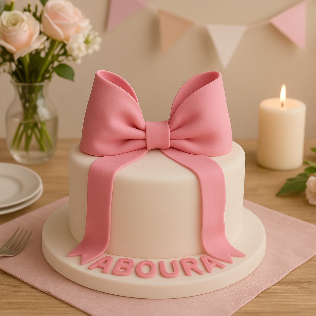 Gâteau décoré ruban rose